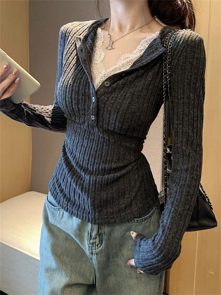 Women's Top Lace Patchwork Lon - Winter Clothing Aesthetic 评论和价格