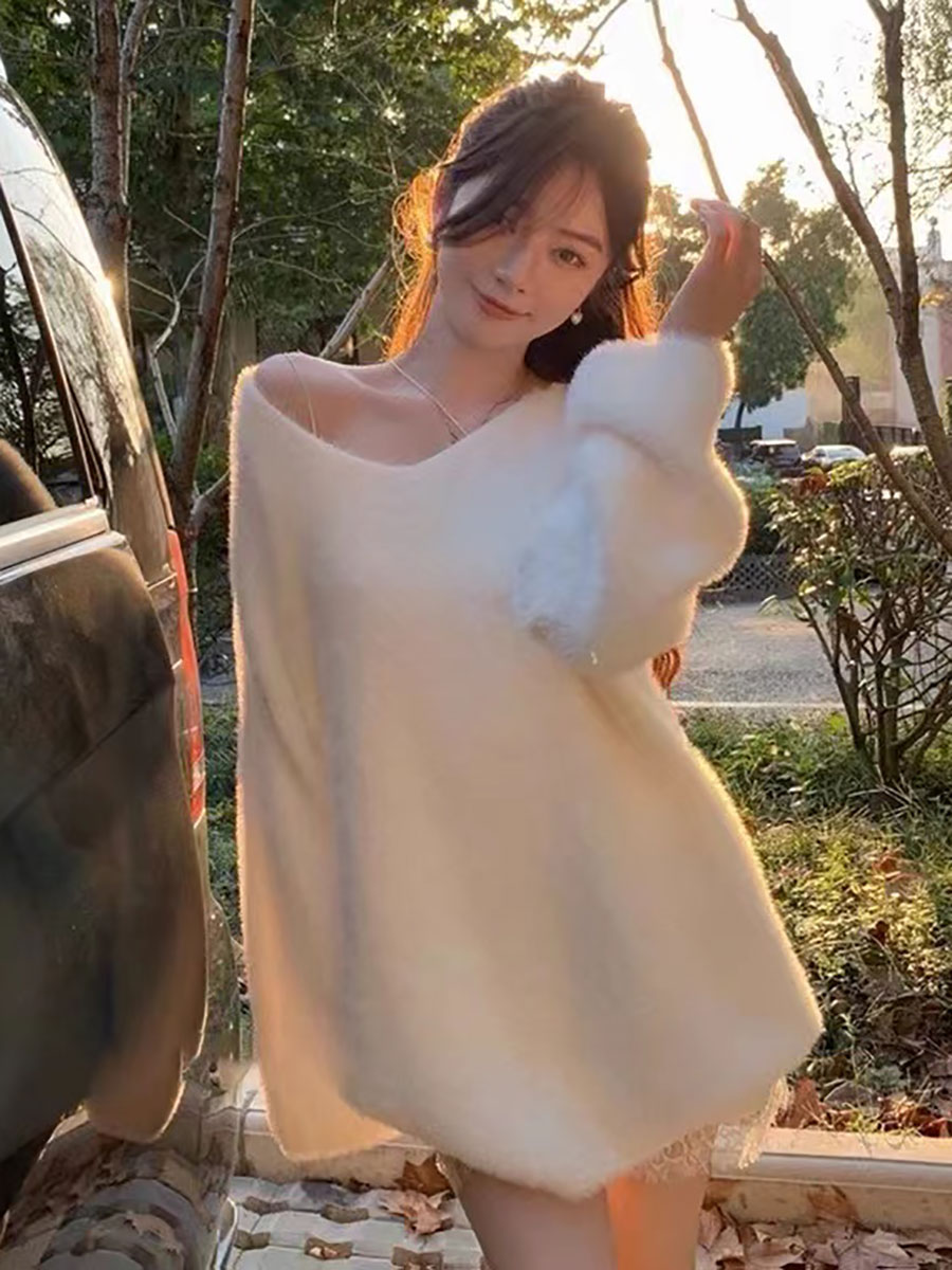 Pullovers Women Pink V-neck Au - Winter Clothing Aesthetic 评论和价格
