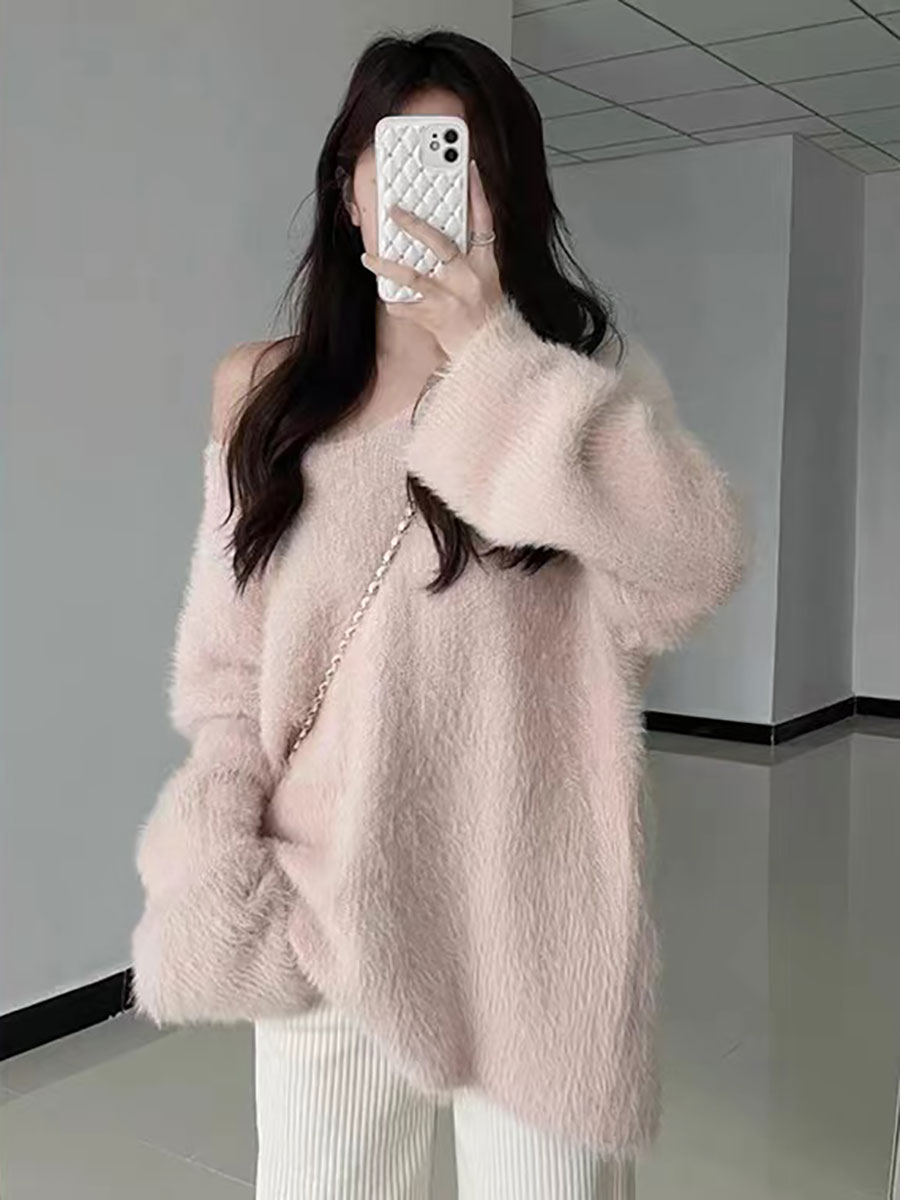 Pullovers Women Pink V-neck Au - Winter Clothing Aesthetic 评论和价格